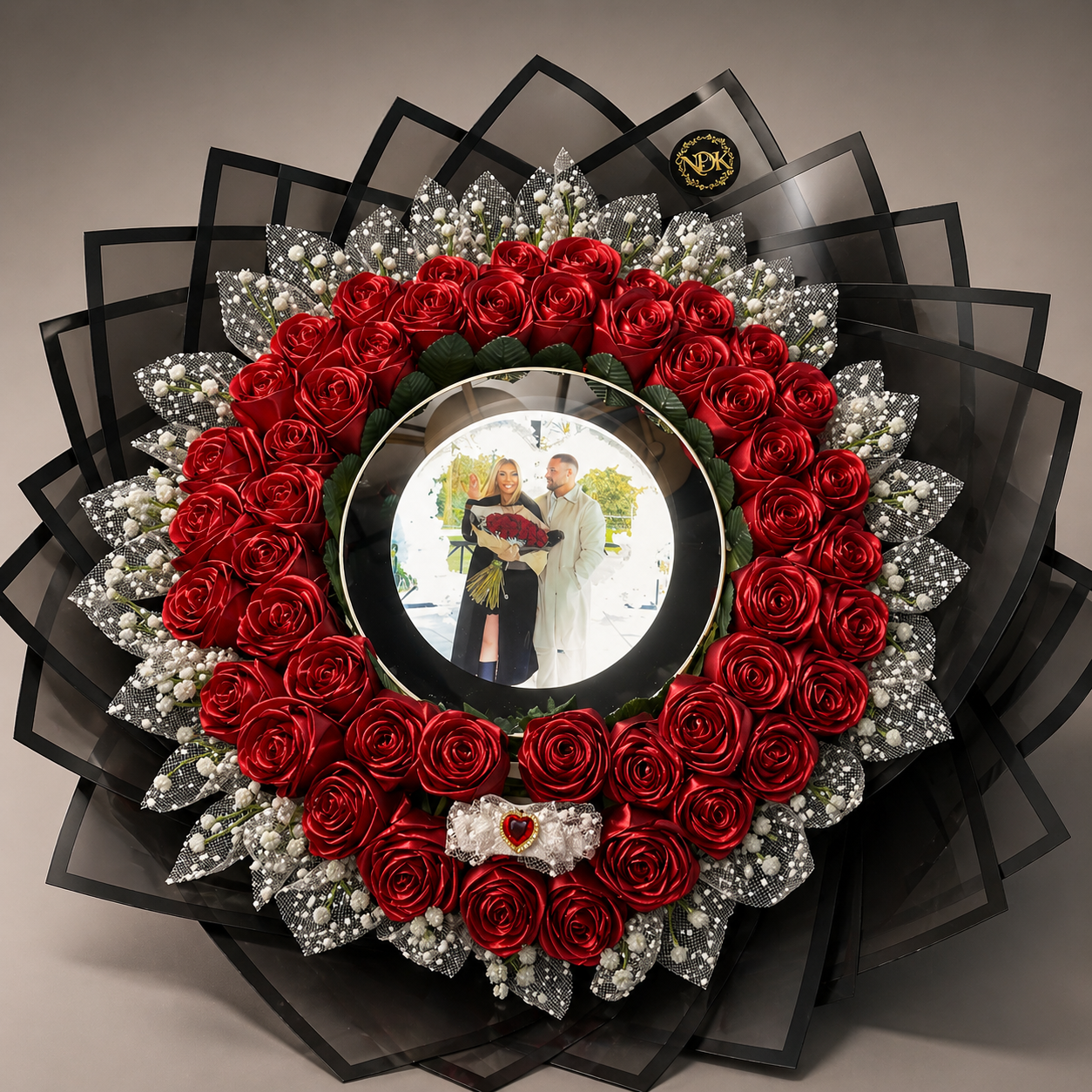 3D Foto Rosenstrauß – Luxus Seidenrosen Bouquet mit personalisiertem Bild