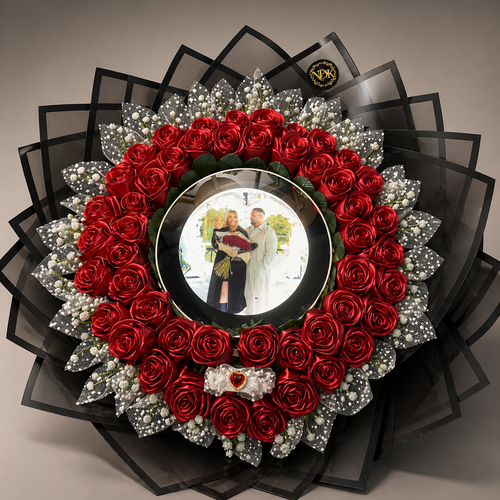 3D Foto Rosenstrauß – Luxus Seidenrosen Bouquet mit personalisiertem Bild