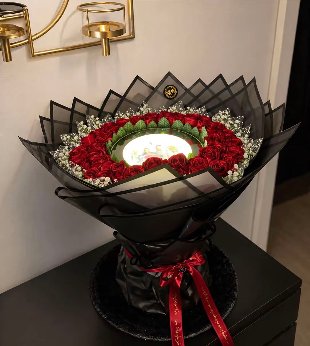 3D Foto Rosenstrauß – Luxus Seidenrosen Bouquet mit personalisiertem Bild
